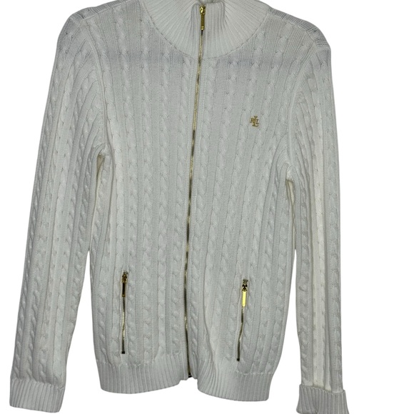 Lauren Ralph Lauren Sweater White Cable
Knit Stand Collar Zip Pockets Size L,EUC - Picture 2 of 8
